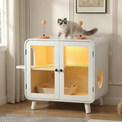 Hidden Cat Litter Box Cabinet – RGB LED, Glass Doors, Litter Walkway & Pom-Pom Toys, White