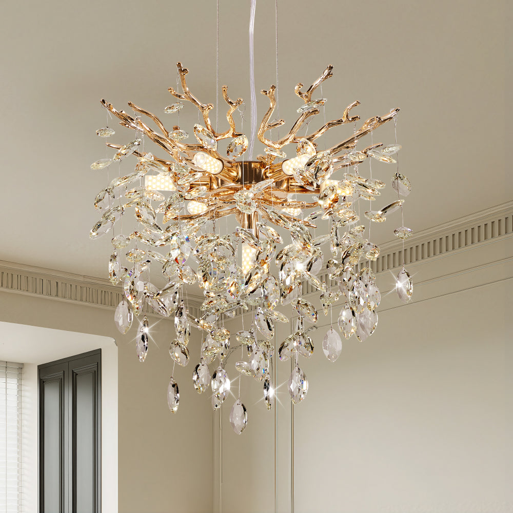 Close-up of gold tree branch crystal chandelier with intricate crystal drops, 17.7 inches in diameter.