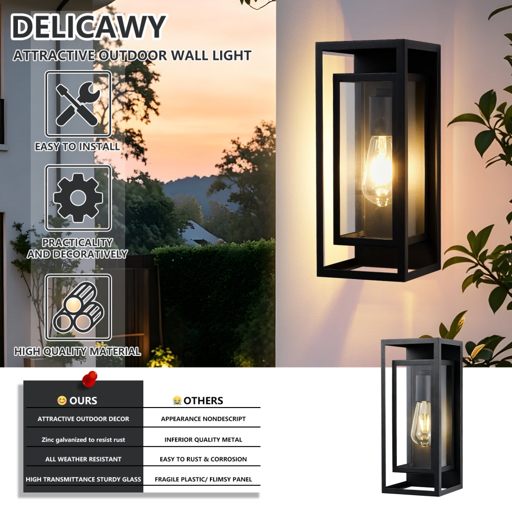Black Outdoor Wall Lantern | IP65 Waterproof Coach Light with Clear Glass & E26 Socket — 2 Sizes, 2-Pack for Porch, Garage & Front Door
