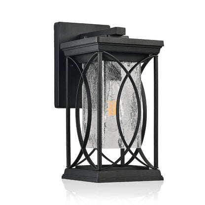 Black Outdoor Wall Lantern with Crackled Glass | 14" Modern Porch Light, E26 Base