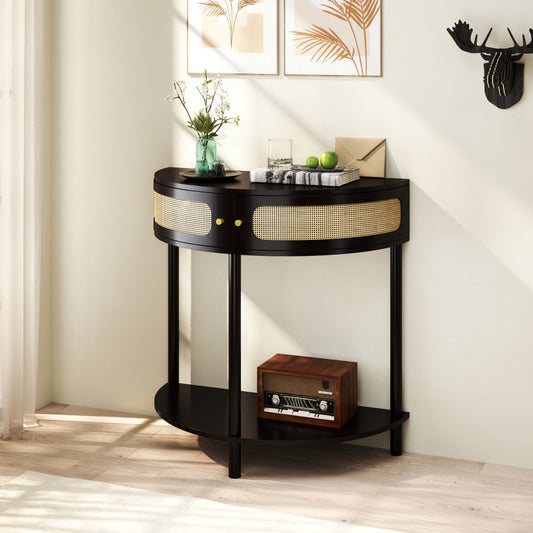 Half-Moon Console Table with Rattan Sliding Doors | Boho Semicircle Entryway Table with 2 Storage Cabinets & Bottom Shelf