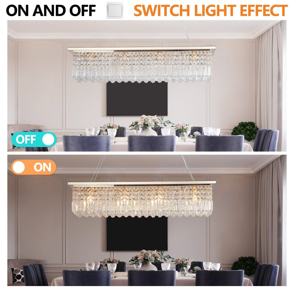 39.4-inch rectangular crystal raindrop chandelier in a dining room, displaying on/off light effect with warm glow when illuminated.