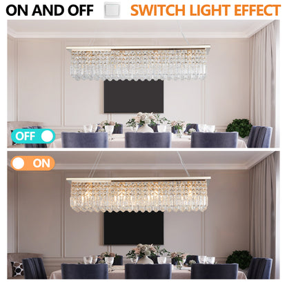 39.4-inch rectangular crystal raindrop chandelier in a dining room, displaying on/off light effect with warm glow when illuminated.