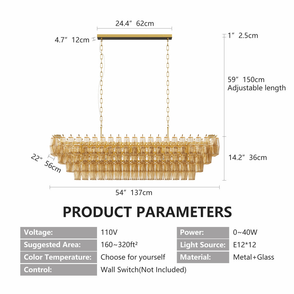 Rectangular tiered smoke glass chandelier with gold metal frame, 12 lights, 54 inches wide, dimmable