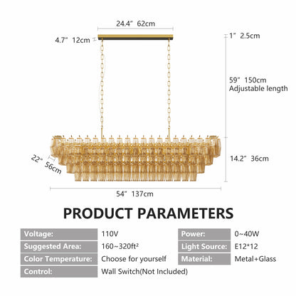 Rectangular tiered smoke glass chandelier with gold metal frame, 12 lights, 54 inches wide, dimmable