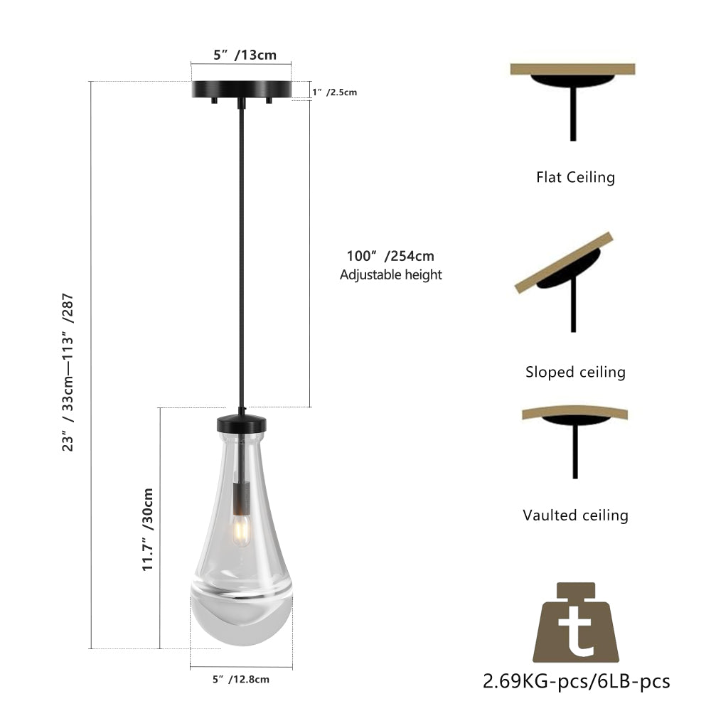 Raindrop pendant light with hand-blown clear glass shade and brass/black adjustable rod, 23-113" height range, suitable for kitchen island, dining room, or entryway.