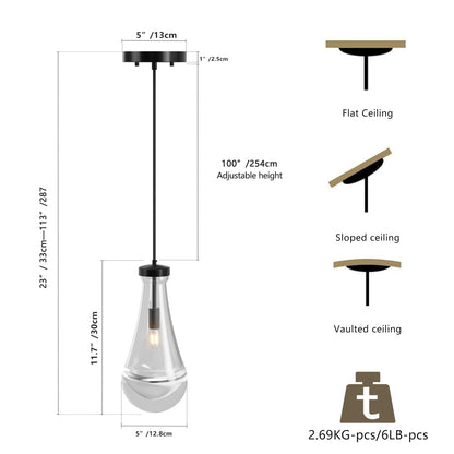 Raindrop pendant light with hand-blown clear glass shade and brass/black adjustable rod, 23-113" height range, suitable for kitchen island, dining room, or entryway.
