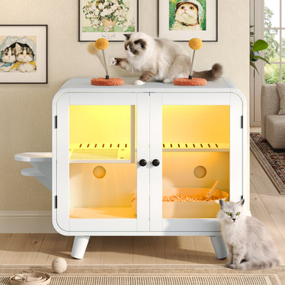 Hidden Cat Litter Box Cabinet – RGB LED, Glass Doors, Litter Walkway & Pom-Pom Toys, White
