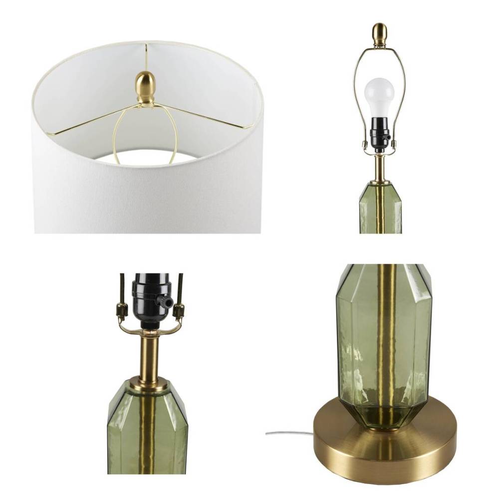 Faceted Green Glass Table Lamp – Gold Metal Base & White Fabric Shade | LED Bulb Included | Modern Accent Lamp