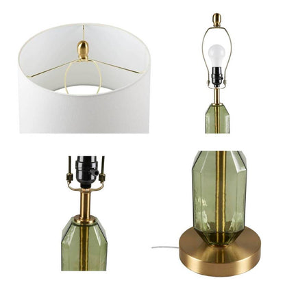 Faceted Green Glass Table Lamp – Gold Metal Base & White Fabric Shade | LED Bulb Included | Modern Accent Lamp
