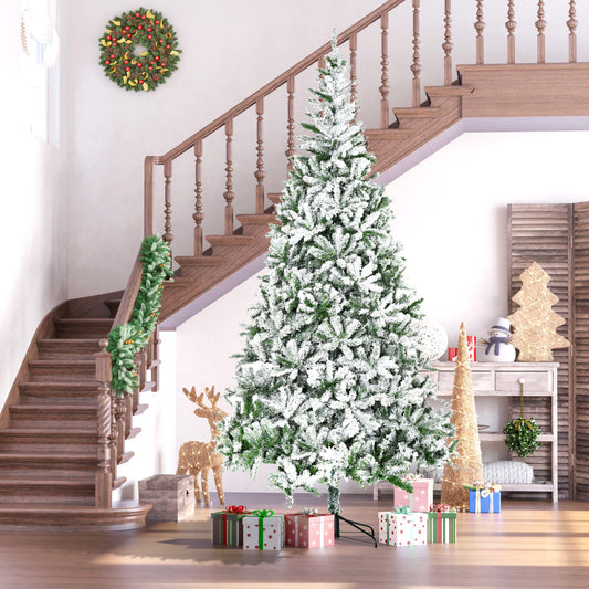 9 FT Snow Flocked Artificial Christmas Tree | Unlit Pine with Realistic Branches & Auto-Open Design — Green