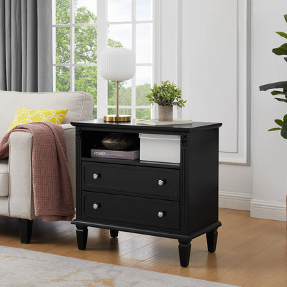 Farmhouse Nightstand with Charging Station | 2 Drawers & Open Shelf | Fluted Side Table with Solid Wood Legs Black