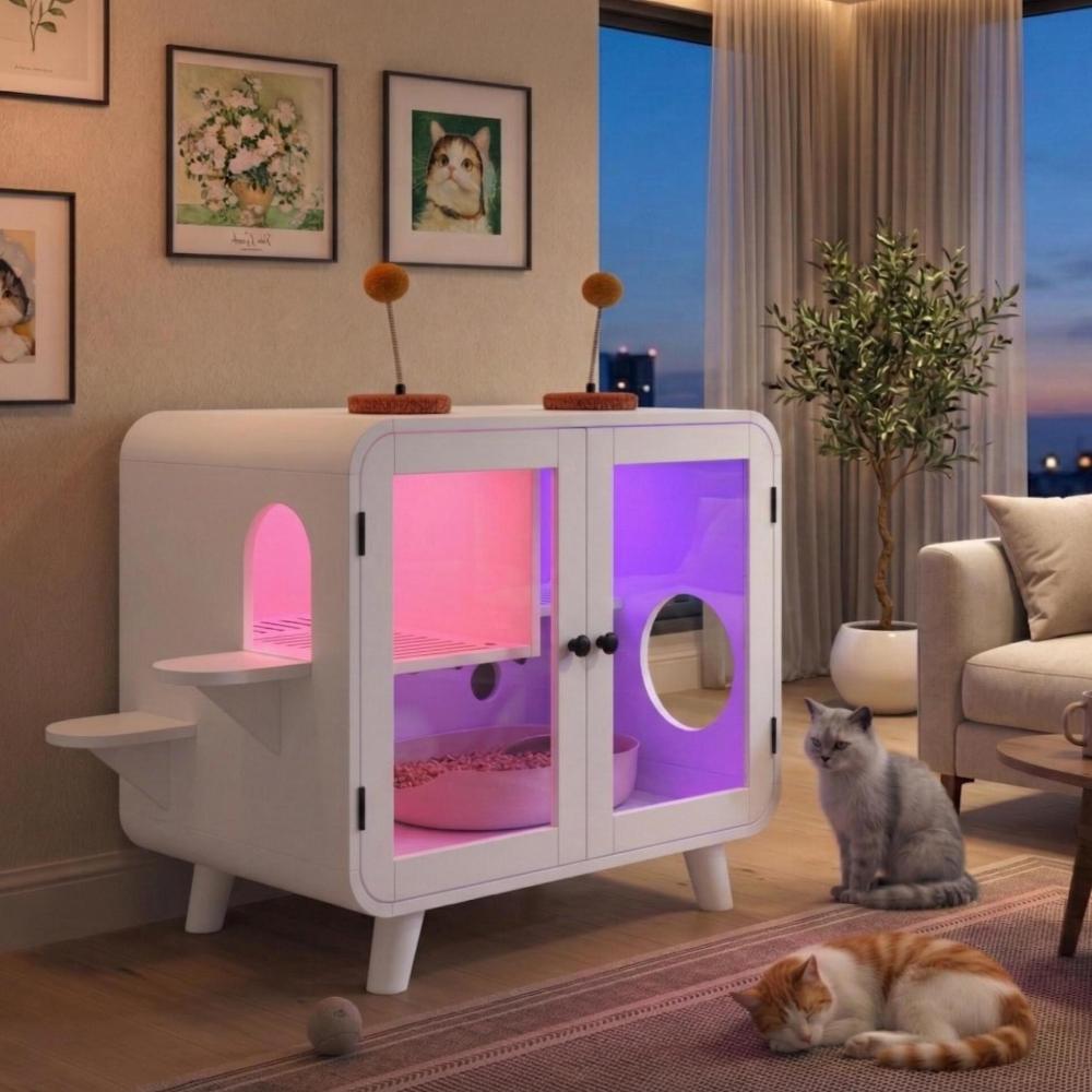 Hidden Cat Litter Box Cabinet – RGB LED, Glass Doors, Litter Walkway & Pom-Pom Toys, White