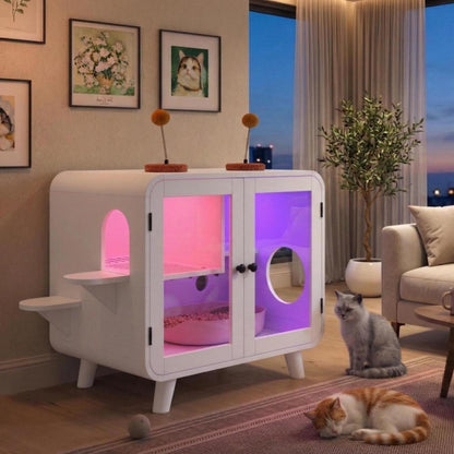 Hidden Cat Litter Box Cabinet – RGB LED, Glass Doors, Litter Walkway & Pom-Pom Toys, White