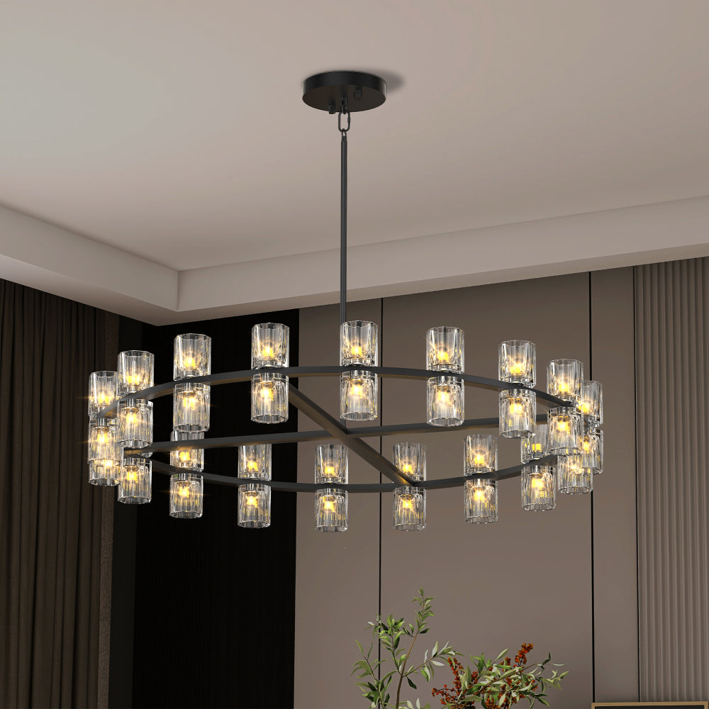 Luxury Crystal Chandelier | Double-Ring LED Ceiling Light for Living Room & Dining Room — Black or Gold, Round or Rectangular Black / 36" Round