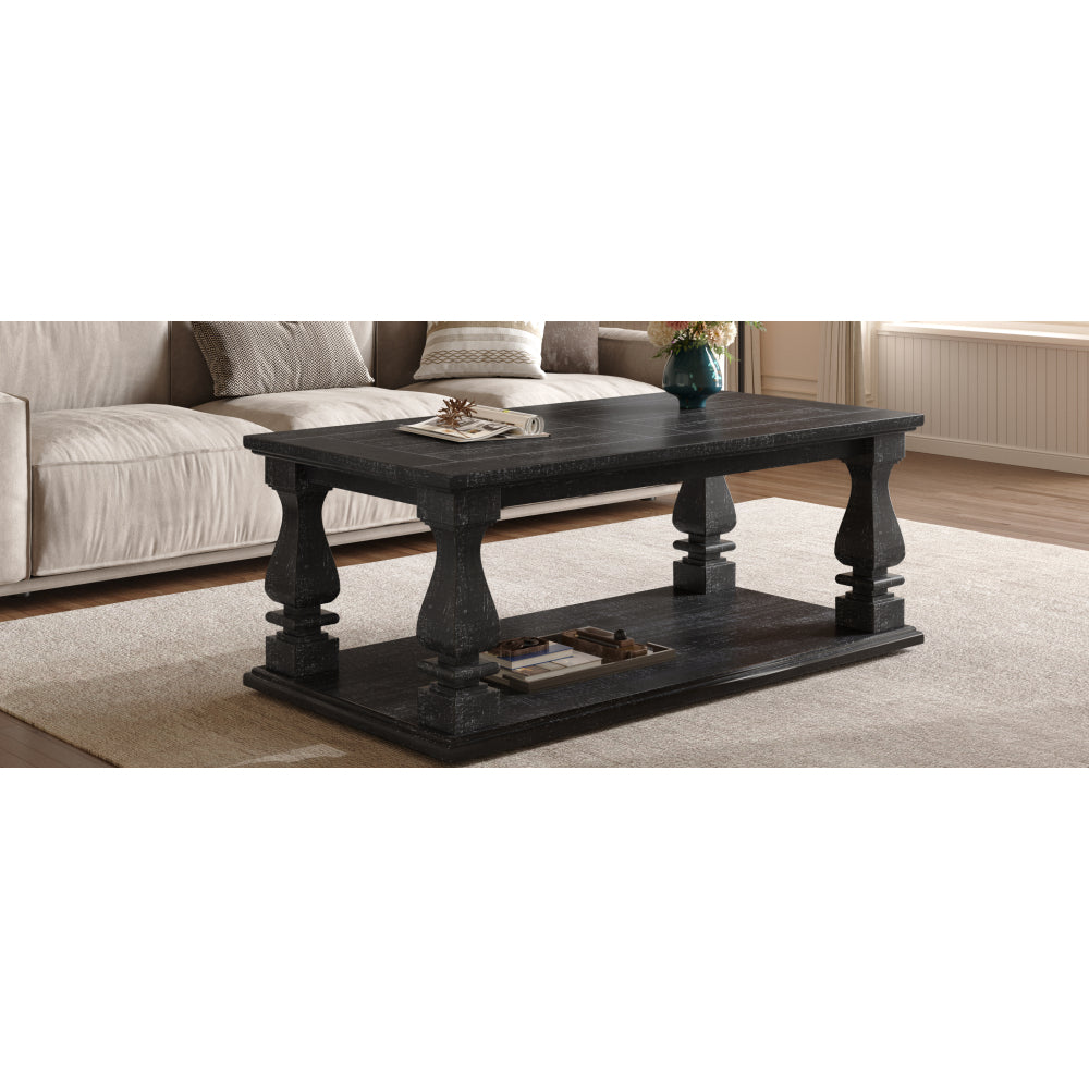 Farmhouse Coffee Table with Storage Shelf 47" Rustic Solid Wood Planked Top & Square Baluster Legs