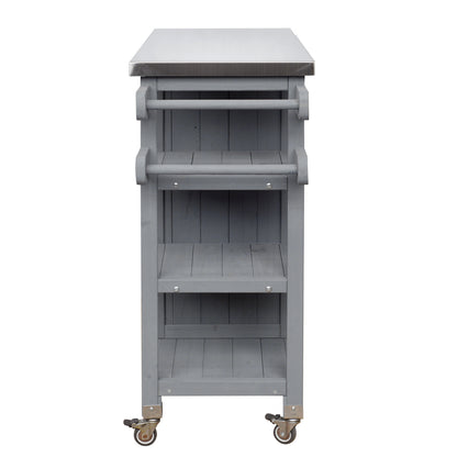 Foldable Outdoor Kitchen Island with Stainless Steel Top | Rolling Cart with Storage Cabinet, Open Shelves & Towel Rack — Grey