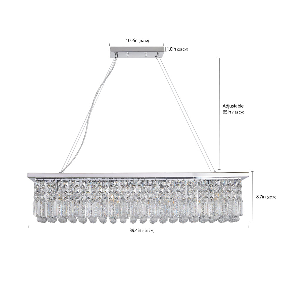 39.4-inch rectangular crystal raindrop chandelier with chrome finish, showing dimensions including 8.7-inch height, adjustable 65-inch suspension, and 10.2-inch base width.