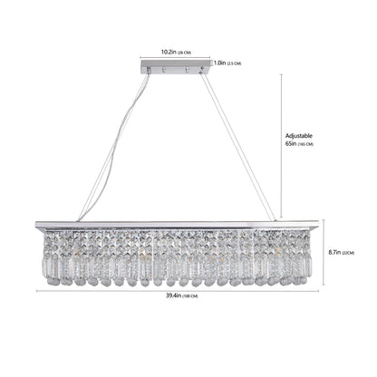 39.4-inch rectangular crystal raindrop chandelier with chrome finish, showing dimensions including 8.7-inch height, adjustable 65-inch suspension, and 10.2-inch base width.