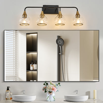 Black and gold 4-light industrial vanity wall sconce with clear glass shades, installed above double sink in modern bathroom