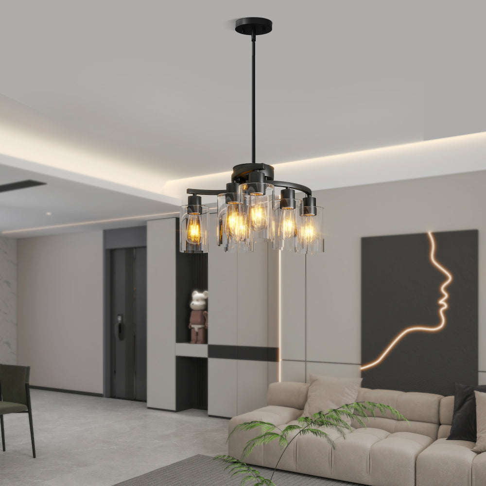 Modern farmhouse chandelier with clear glass shades, adjustable height, dimmable, suitable for dining room and kitchen island lighting.
