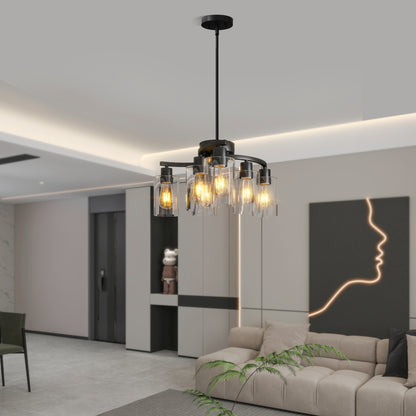 Modern farmhouse chandelier with clear glass shades, adjustable height, dimmable, suitable for dining room and kitchen island lighting.