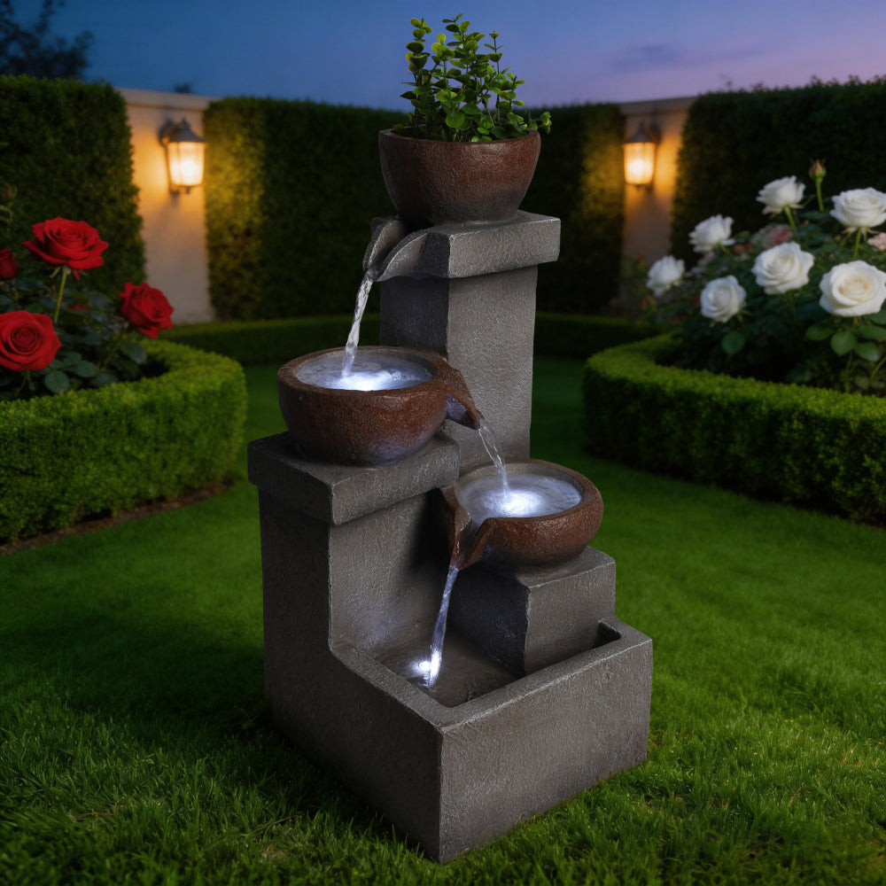 Tiered Cascading Jar Outdoor Fountain with LED Lights | Resin Stone-Look Waterfall with Planter Top — Garden, Patio & Entryway Decor