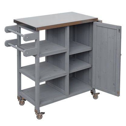 Foldable Outdoor Kitchen Island with Stainless Steel Top | Rolling Cart with Storage Cabinet, Open Shelves & Towel Rack — Grey
