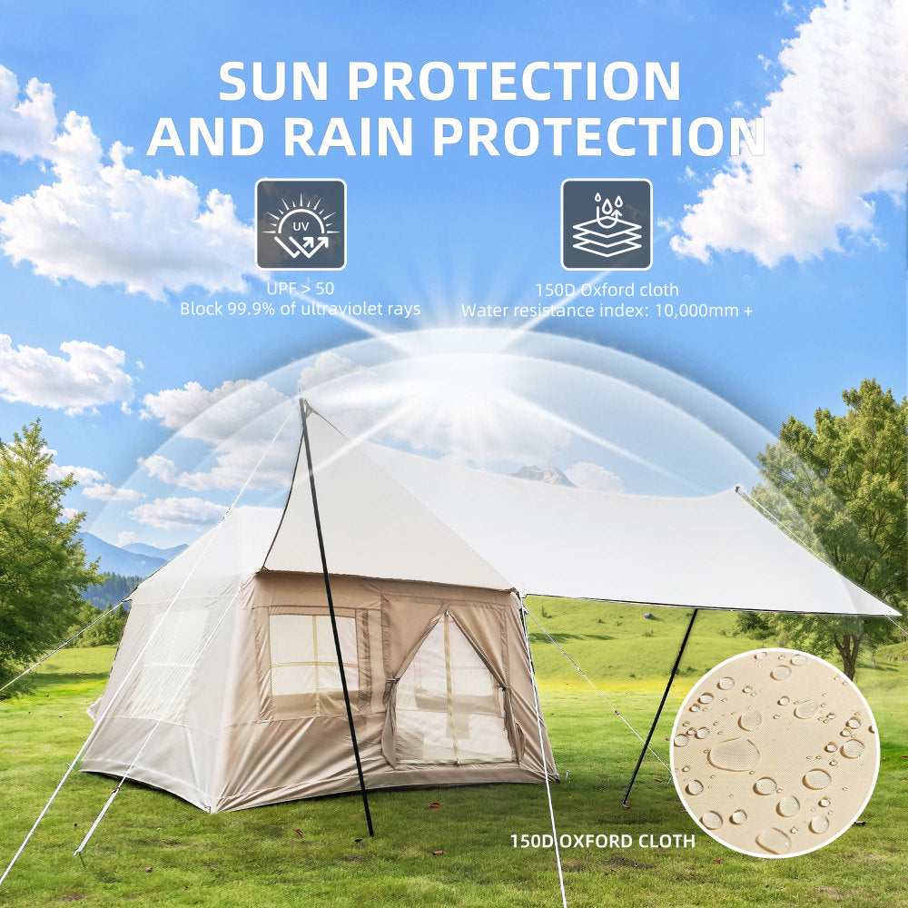 Inflatable Glamping Tent with Detachable Canopy & Skylight | 4-Season Waterproof Cotton Air Tent with Mesh Windows & Pump — 4 Person
