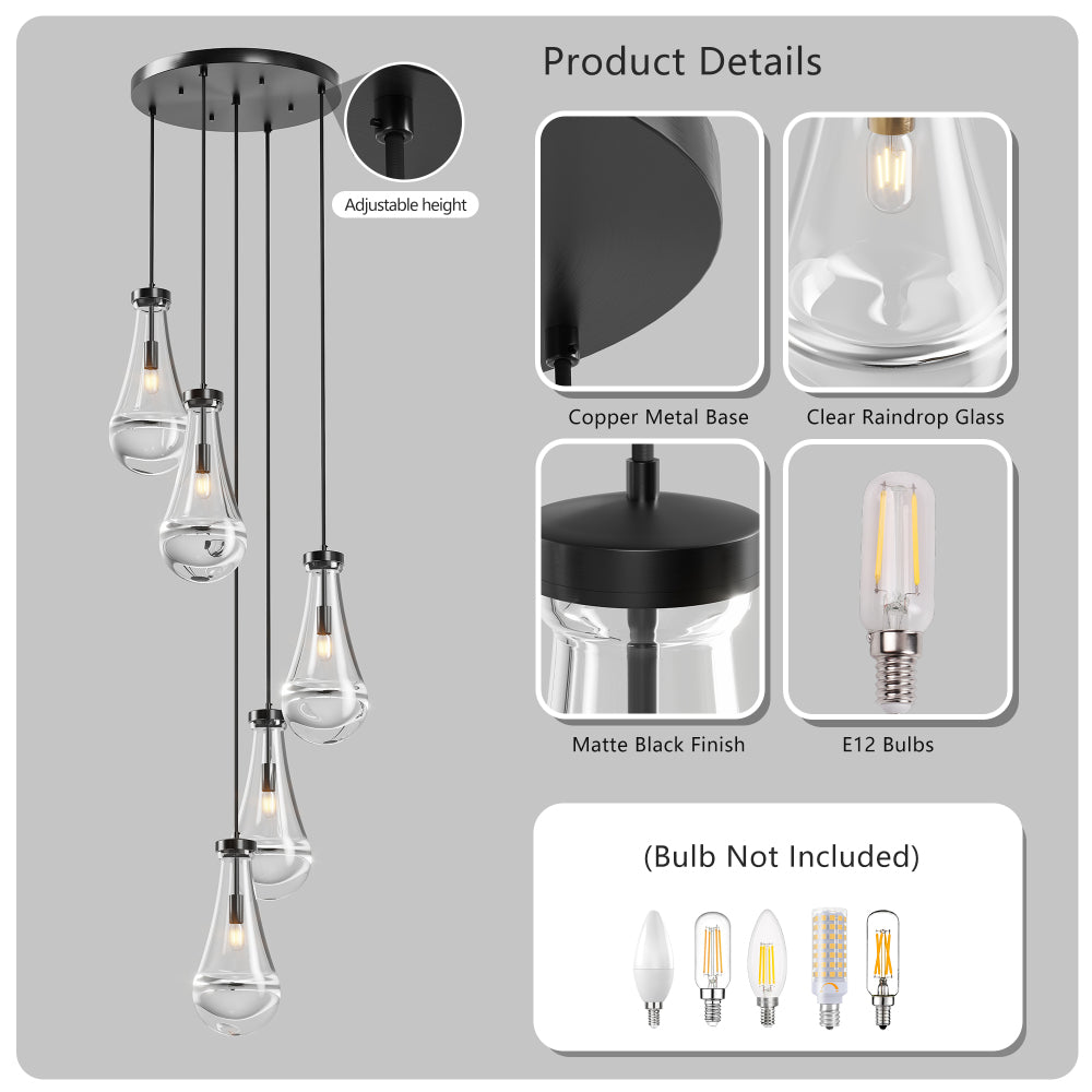 Raindrop cluster pendant chandelier with copper metal base, clear hand-blown glass drops, matte black finish, and E12 bulb compatibility (bulbs not included).