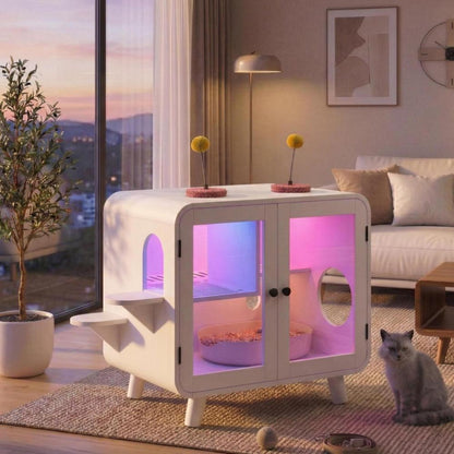 Hidden Cat Litter Box Cabinet – RGB LED, Glass Doors, Litter Walkway & Pom-Pom Toys, White