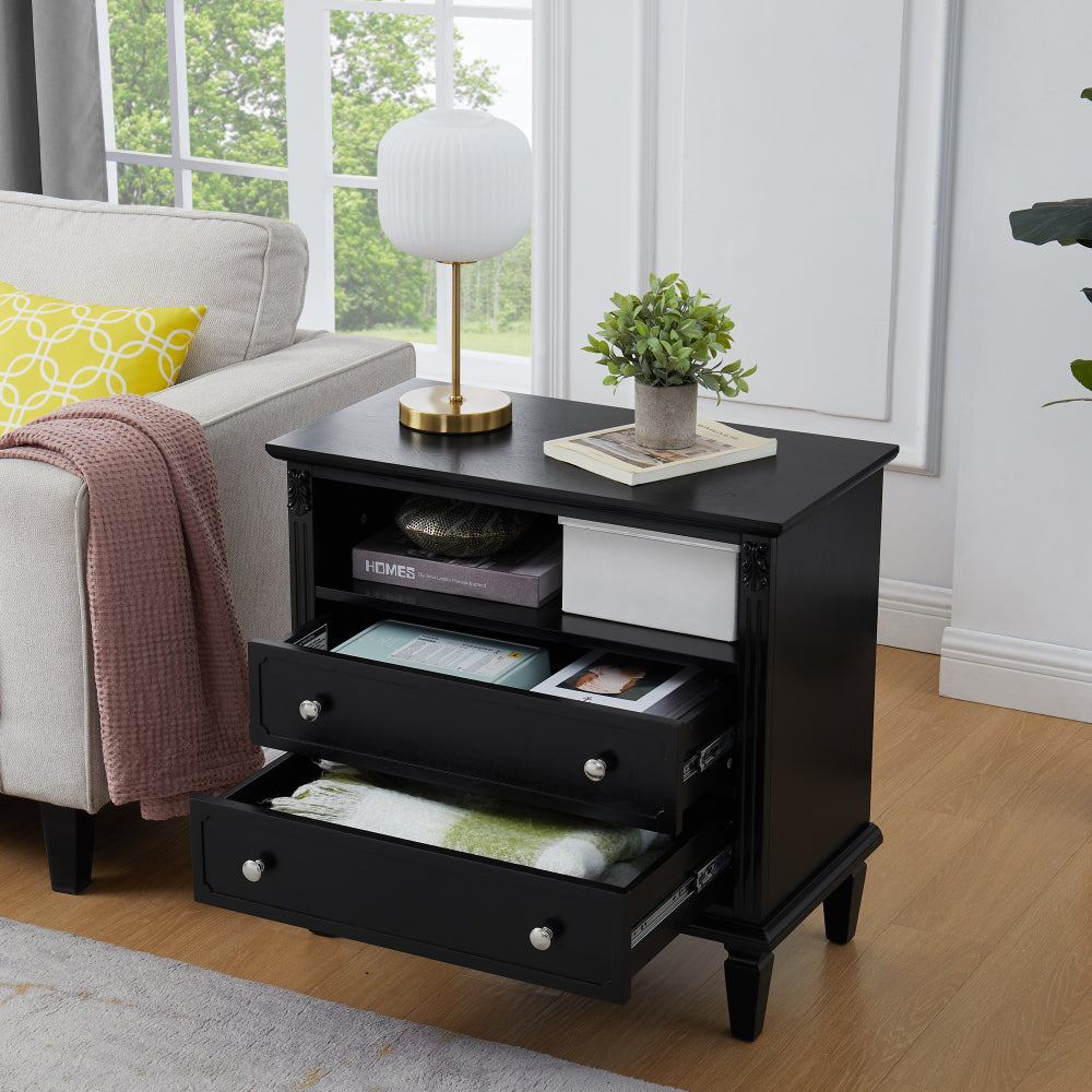 Farmhouse Nightstand with Charging Station | 2 Drawers & Open Shelf | Fluted Side Table with Solid Wood Legs
