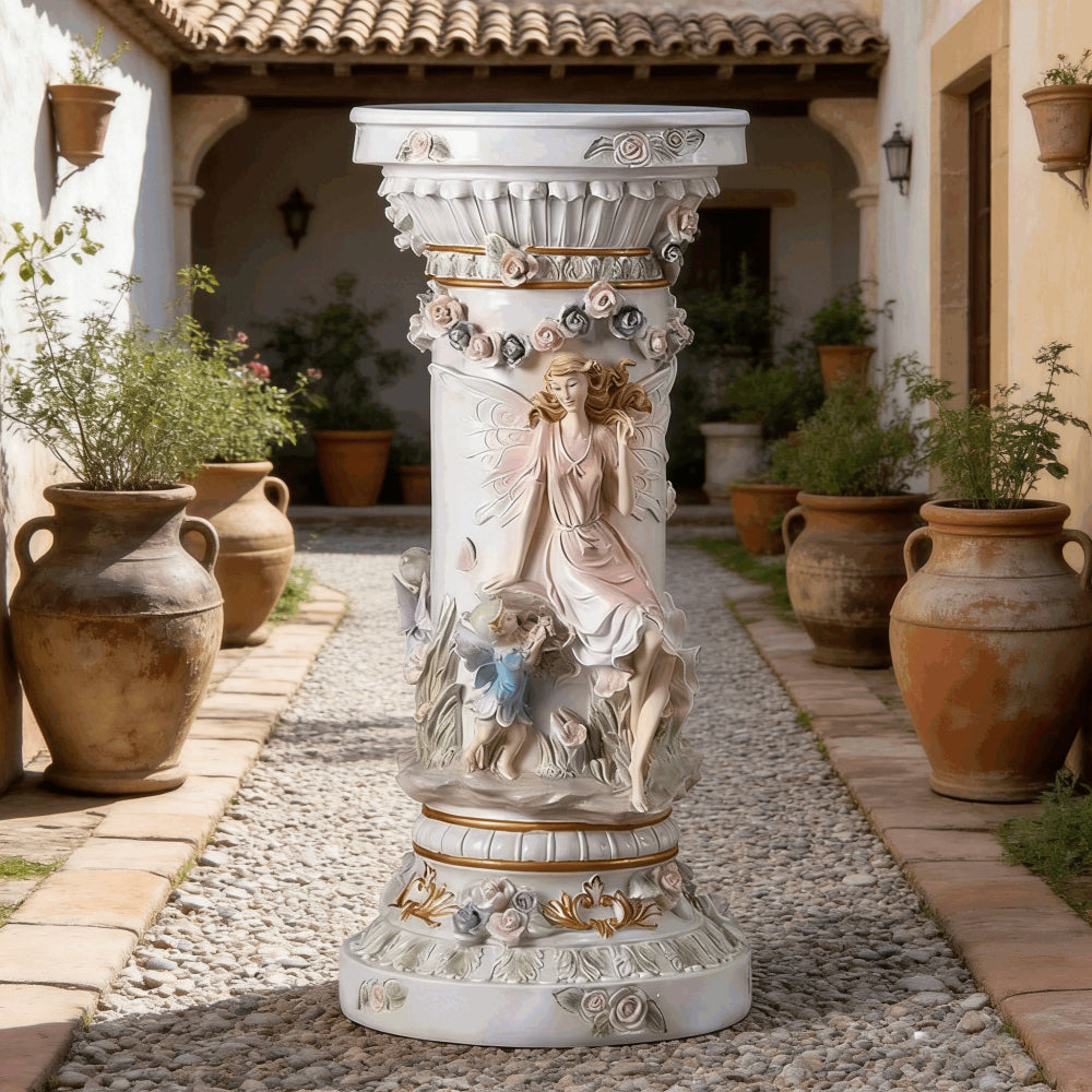 33" Luxury Roman Column Pedestal | Resin Fairy & Floral Relief Pillar Stand — Vintage European Decor for Living Room & Entryway