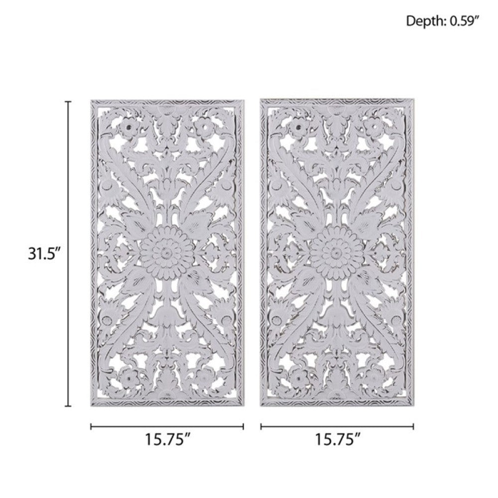 Distressed Lotus Carved Wood Wall Panels – Set of 2, Dimensional Engineered Wood Art