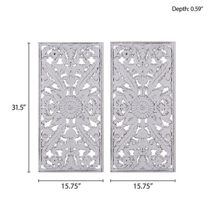 Distressed Lotus Carved Wood Wall Panels – Set of 2, Dimensional Engineered Wood Art