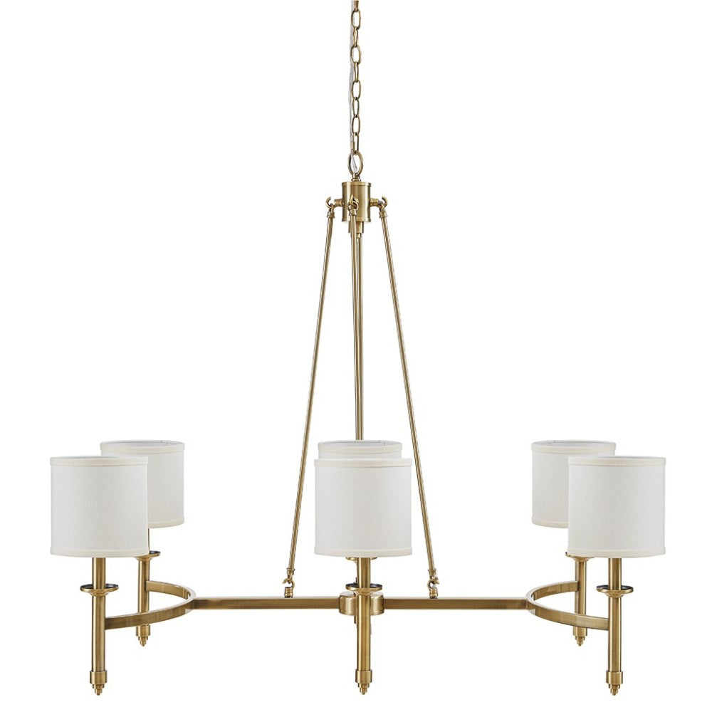 Gold 6-light drum shade chandelier with curved frame, transitional style, 39.25 inches wide, Bedford Collection.