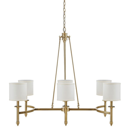 Gold 6-light drum shade chandelier with curved frame, transitional style, 39.25 inches wide, Bedford Collection.