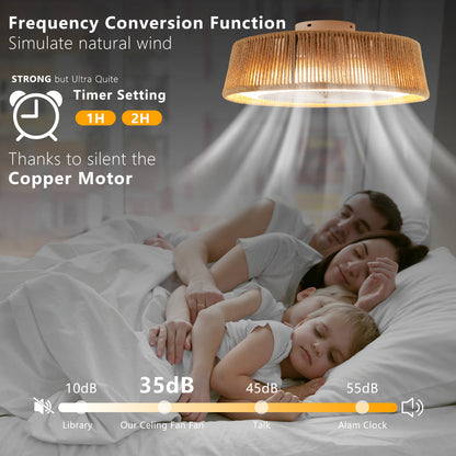 21" Boho Caged Ceiling Fan with LED Light & Remote – Braided Twine Design, 3CCT Dimmable, 6 Speeds & Reversible DC Motor