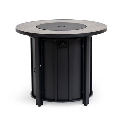 30" Propane Fire Pit Table | 50,000 BTU Round Steel Fire Table with Wood-Grain Ceramic Top & Rain Cover — Black