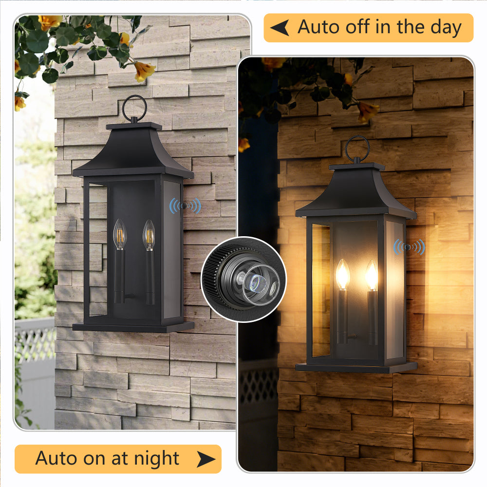 22.2" Dusk-to-Dawn Outdoor Wall Lantern | 2-Light Large Black Exterior Sconce with Glass — Waterproof Porch, Garage & House Light 1-2 Pack