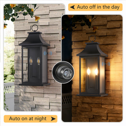 22.2" Dusk-to-Dawn Outdoor Wall Lantern | 2-Light Large Black Exterior Sconce with Glass — Waterproof Porch, Garage & House Light 1-2 Pack
