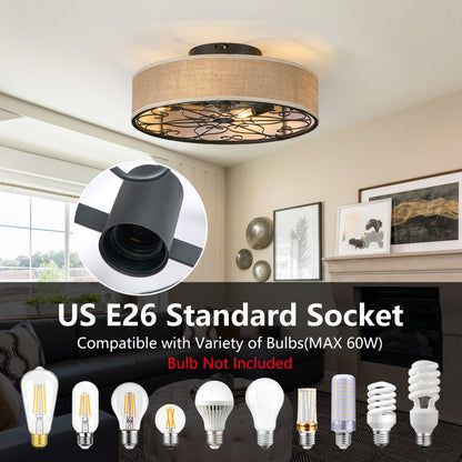 20" Caged Ceiling Fan with LED Light & Remote – Linen Fabric Shade, 6 Speeds, Reversible DC Motor | Farmhouse Flush Mount