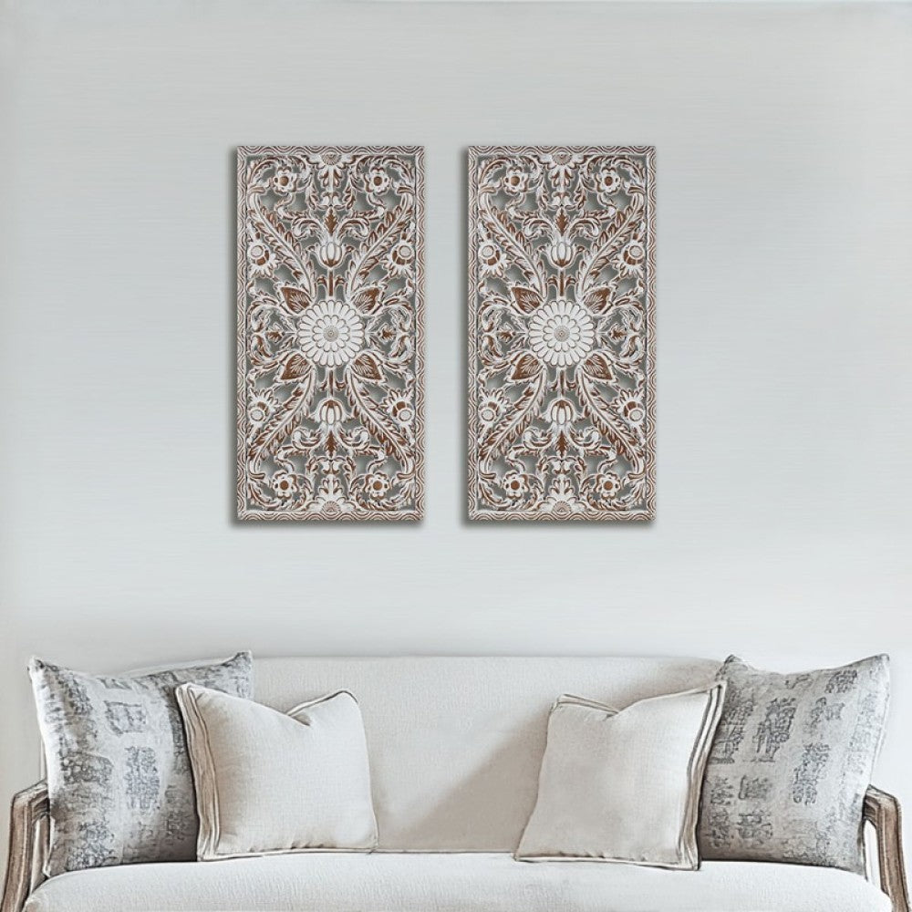 Distressed Lotus Carved Wood Wall Panels – Set of 2, Dimensional Engineered Wood Art