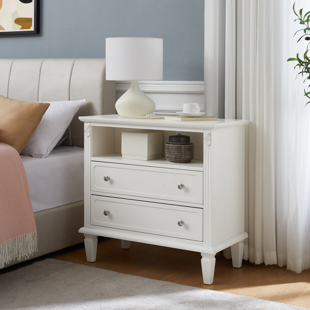Farmhouse Nightstand with Charging Station | 2 Drawers & Open Shelf | Fluted Side Table with Solid Wood Legs