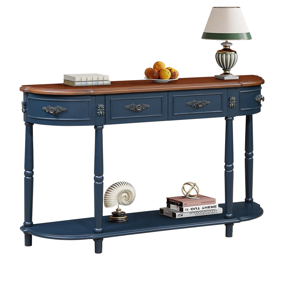 Retro Half-Moon Console Table with 2 Drawers & Open Shelf | 52" Curved Solid Wood Sofa Table — Navy Blue & Brown Blue