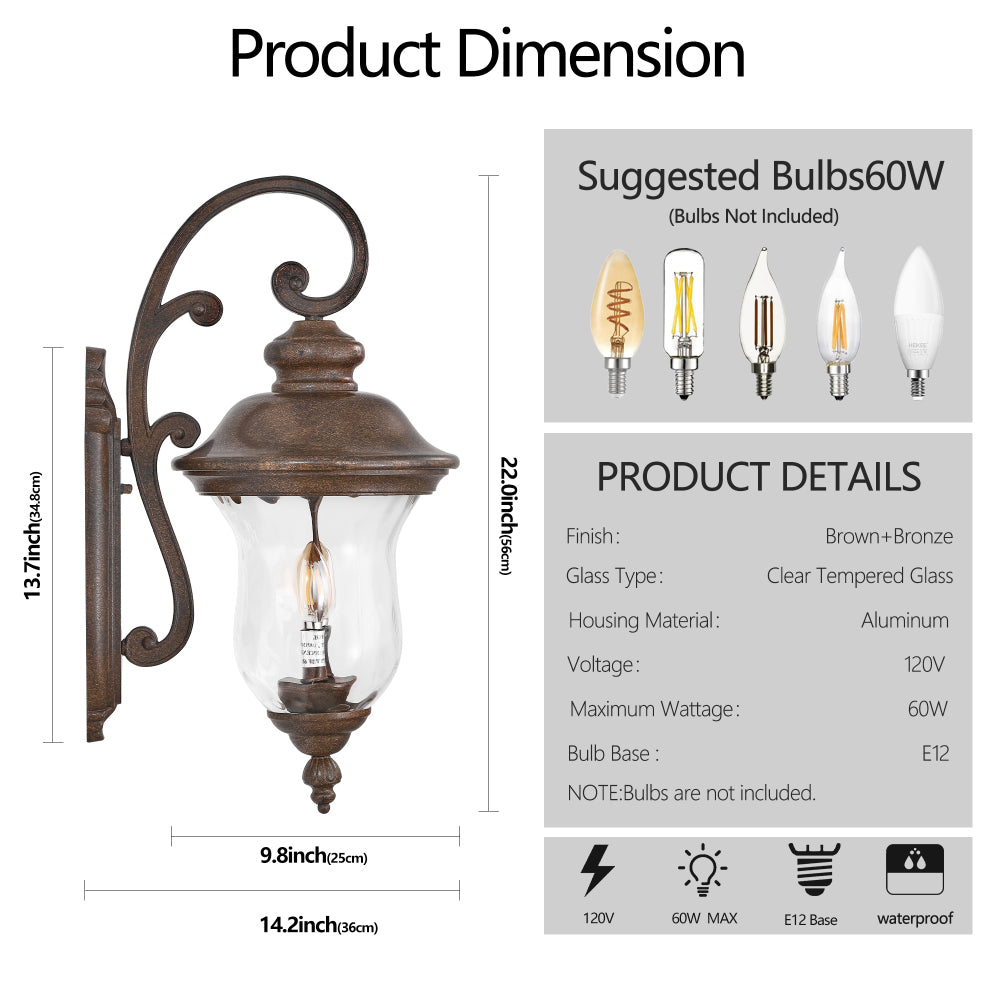 22" Vintage Outdoor Wall Lantern | Weatherproof Bronze Sconce with Clear Glass Shade for Porch, Patio & Entryway