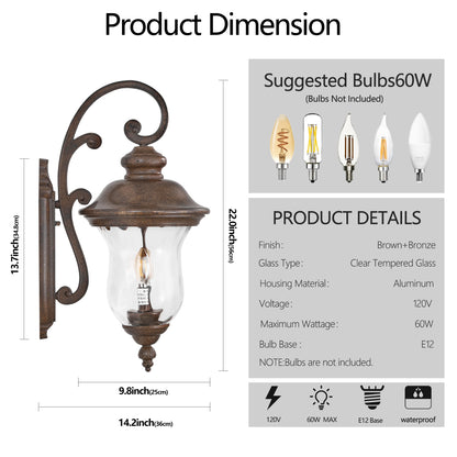 22" Vintage Outdoor Wall Lantern | Weatherproof Bronze Sconce with Clear Glass Shade for Porch, Patio & Entryway