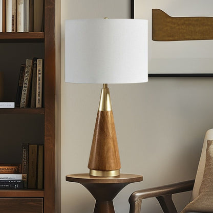 Mid-Century Triangle Table Lamp – Espresso Wood & Antique Brass, White Linen Shade