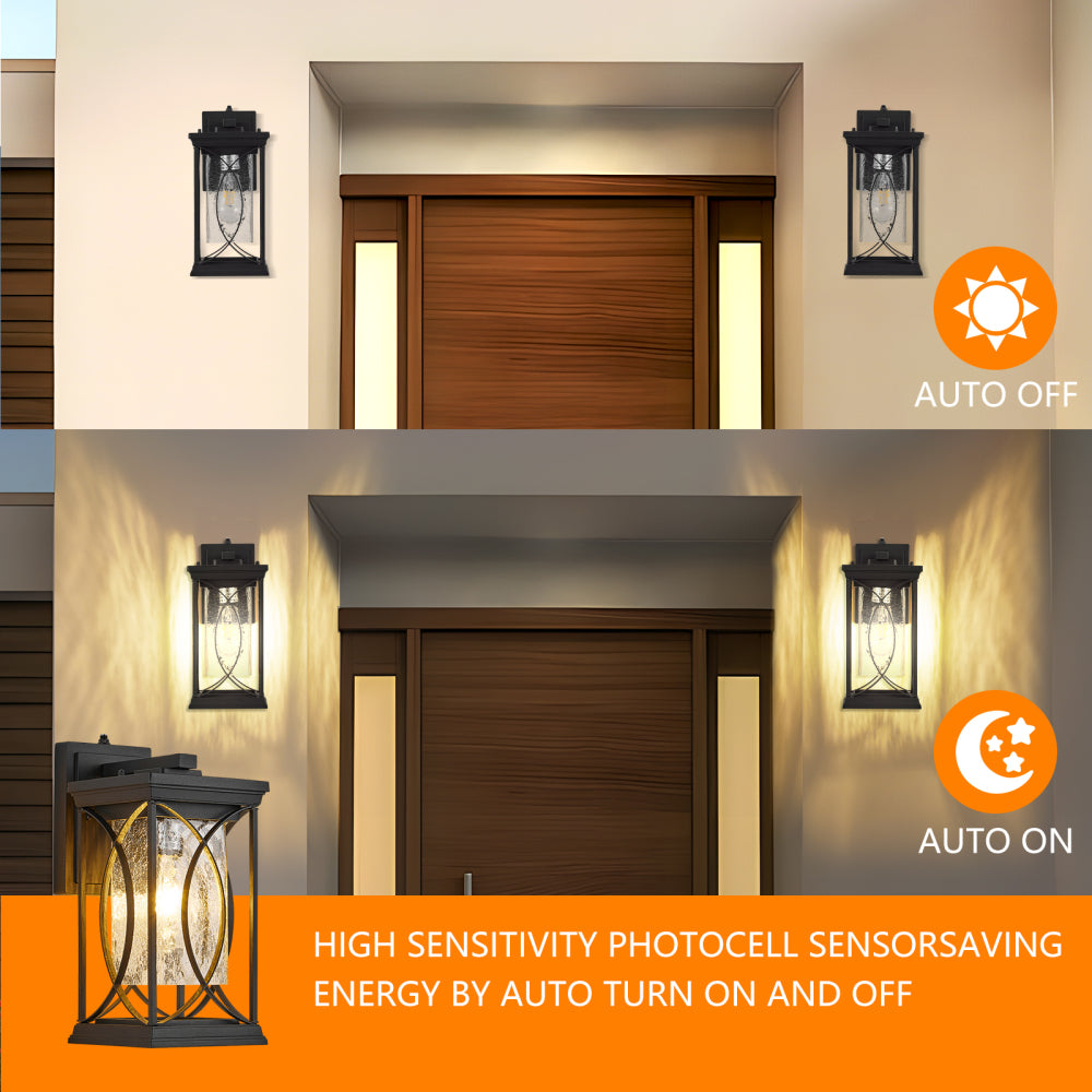 13.8" Oil-Rubbed Bronze Outdoor Wall Lantern | IP65 Waterproof Dusk-to-Dawn Sconce with Crack-Glass & Manual Override — Porch, Garage & Front Door