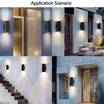 Modern black outdoor wall sconces installed in various settings: entrance, patio, staircase, and building exterior, providing up & down illumination.